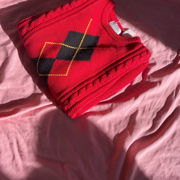 VTG 80s/90s Jantzen Red/Black Argyle Chunky Knit Crewneck Fisherman Sweater - Picture 12 of 12